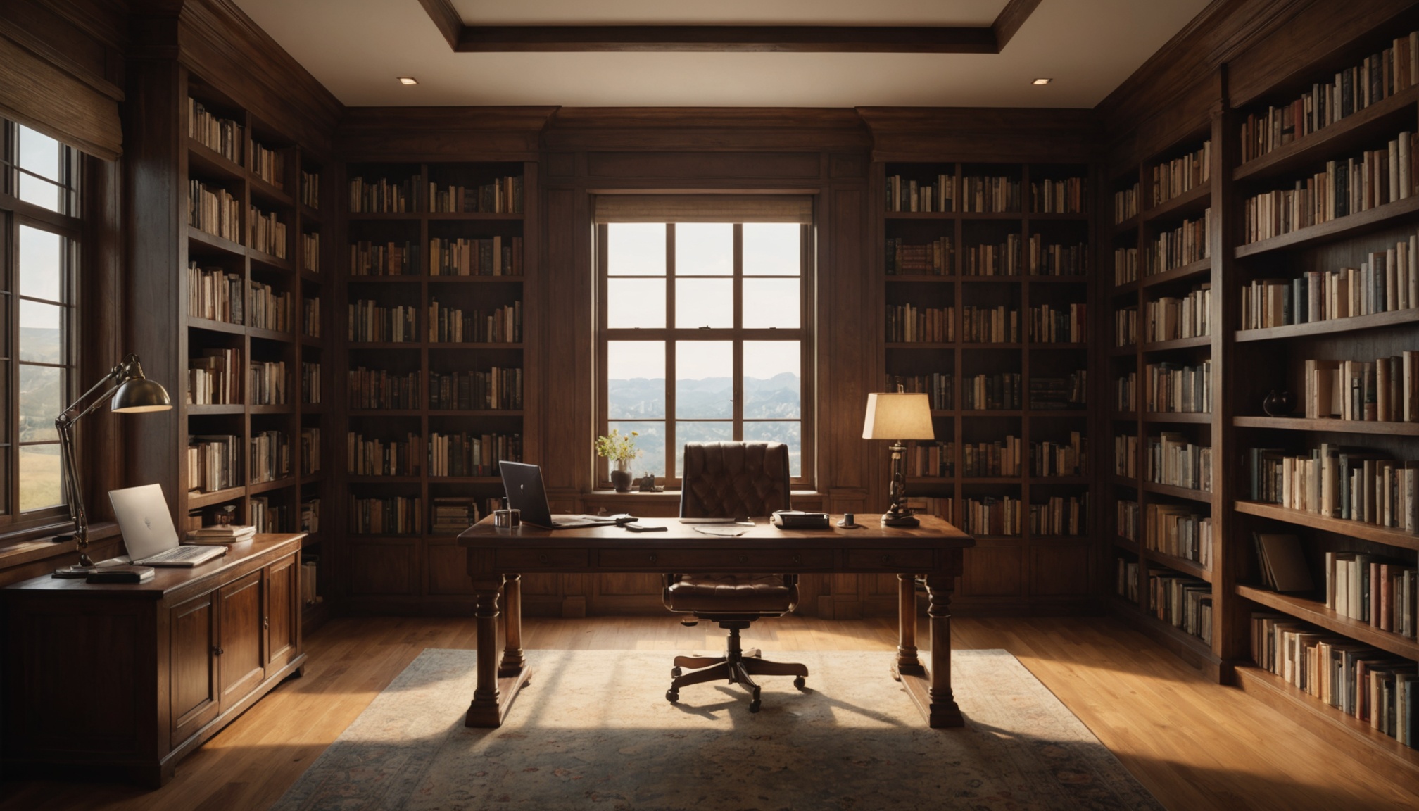 Warm study room with bookshelves and desk computer